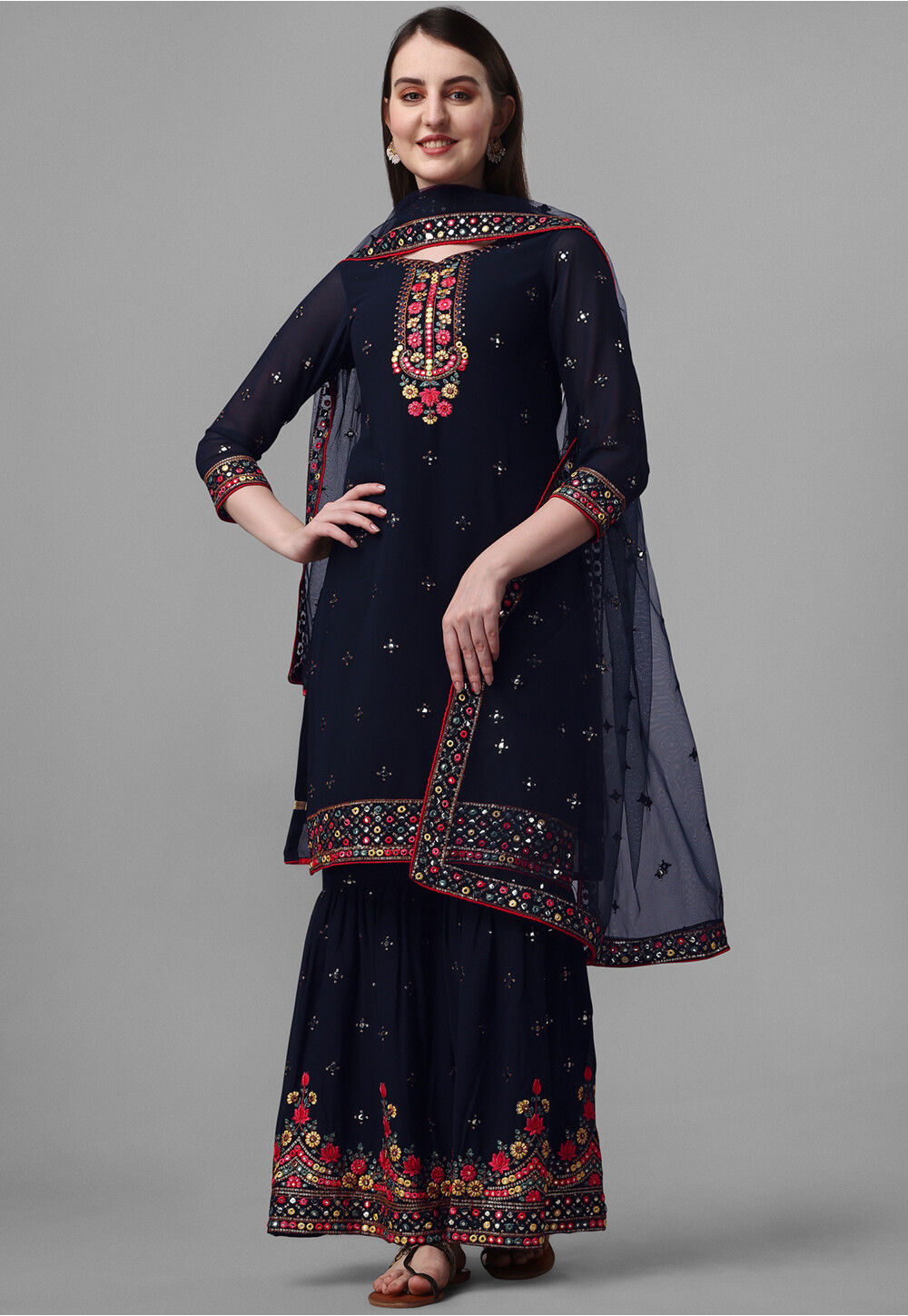 Embroidered Georgette Pakistani Suit In Navy Blue Kqu4314 