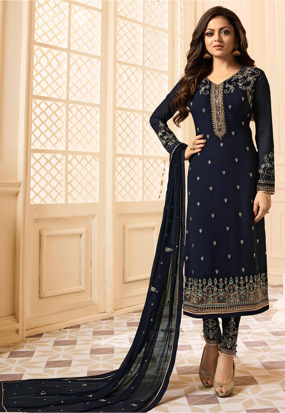Blue Embellished With Embroidered Georgette Pakistani Suit