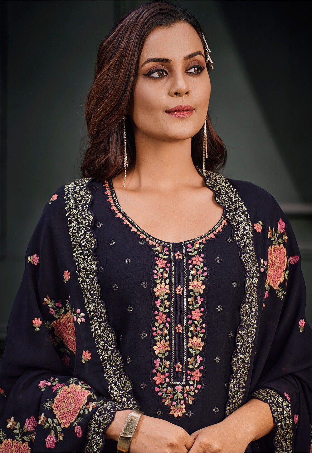 Buy Embroidered Georgette Pakistani Suit In Navy Blue Online Kvg220 Utsav Fashion 