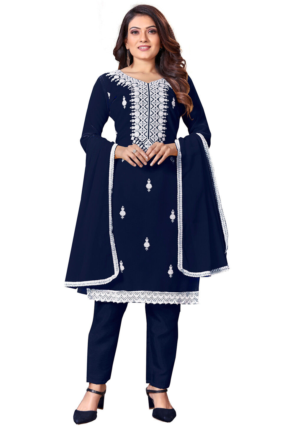 Embroidered Georgette Pakistani Suit In Navy Blue Kye2103 