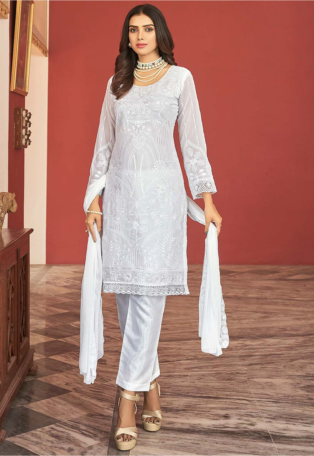Embroidered Georgette Pakistani Suit in Off White