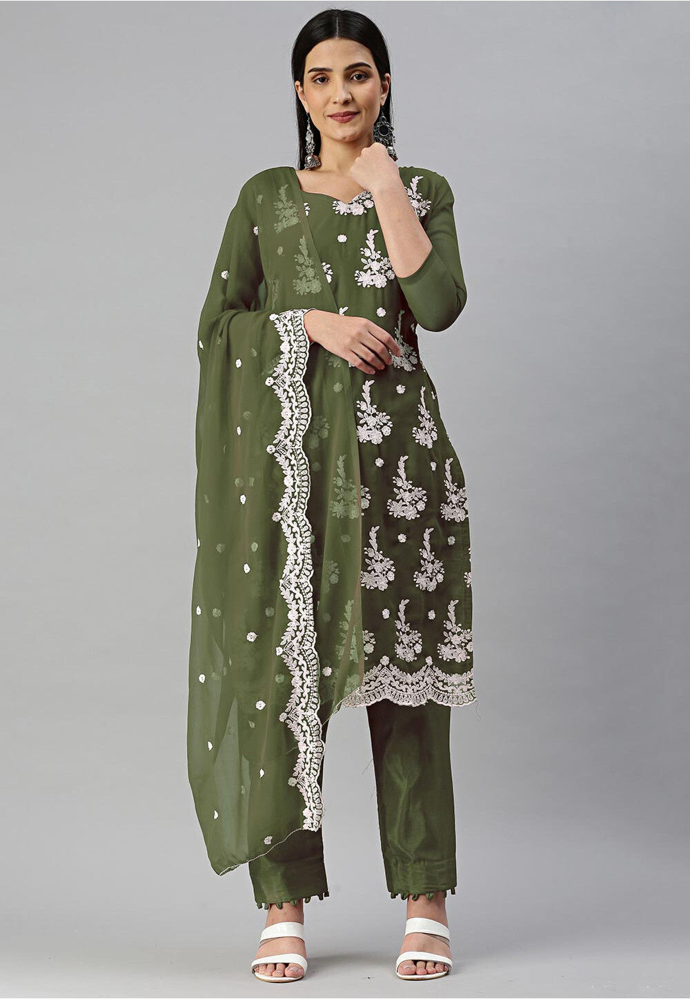 Olive Green Chiffon Embroidered Pakistani Style Suit