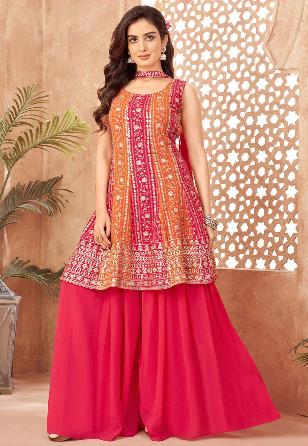 orange and pink pakistani dress Maria B brand Pakistani Apparel