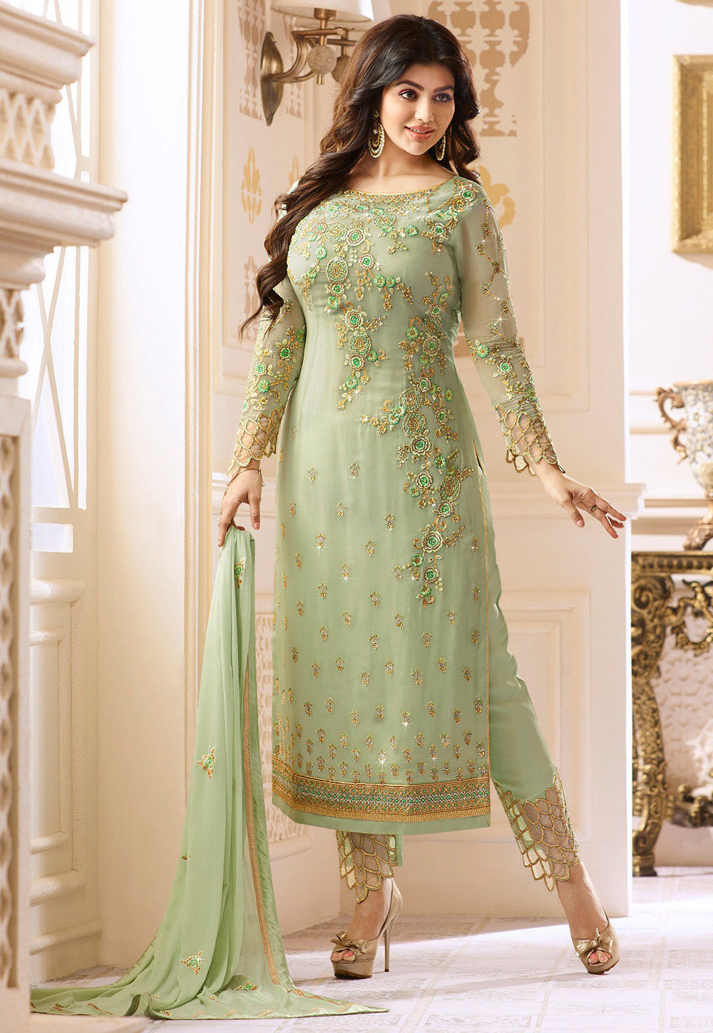 Embroidered Georgette Pakistani Suit In Pastel Green Kch1399,Brown Color Combination For House Exterior