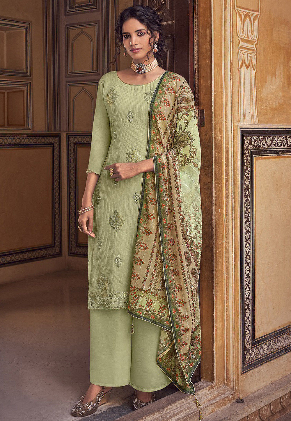 Embroidered Georgette Pakistani Suit In Pastel Green Kch6719 7577