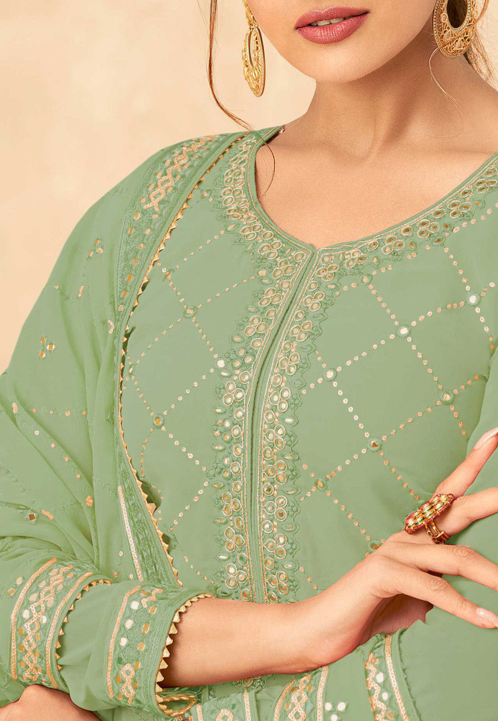 Embroidered Georgette Pakistani Suit In Pastel Green Kch6852 6789