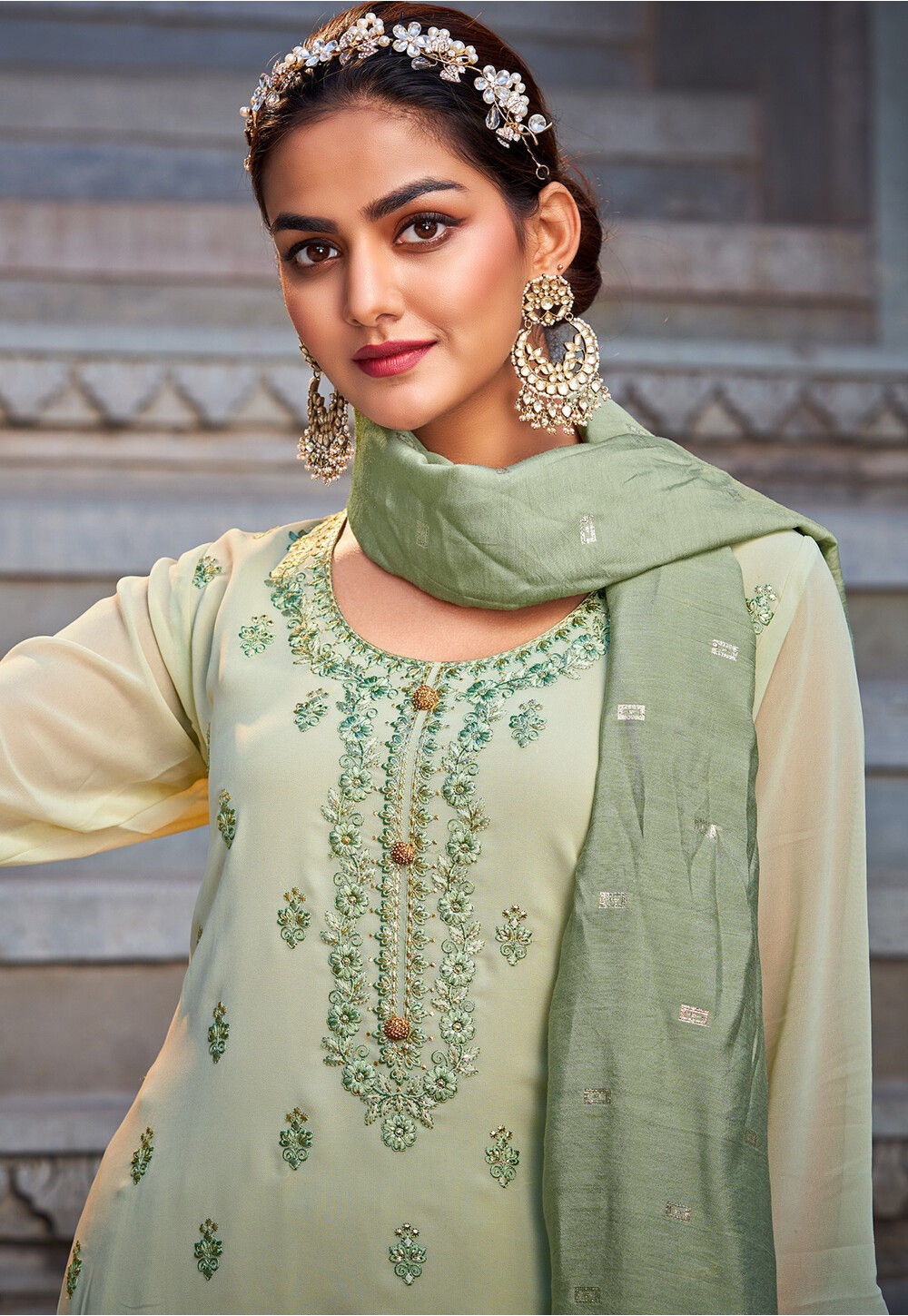 Embroidered Georgette Pakistani Suit In Pastel Green Kch9675 2549