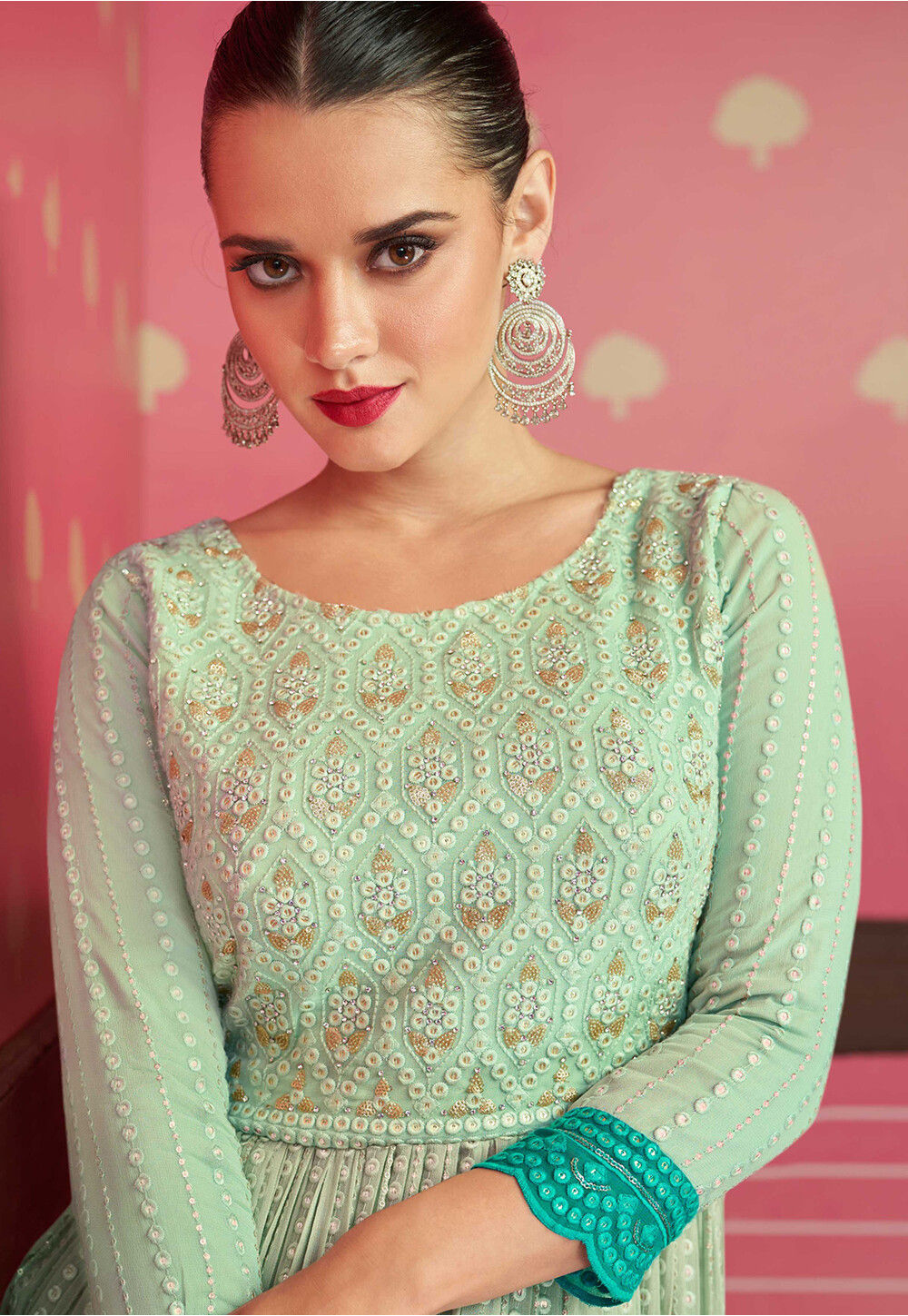 Embroidered Georgette Pakistani Suit In Pastel Green Kch9892 8827