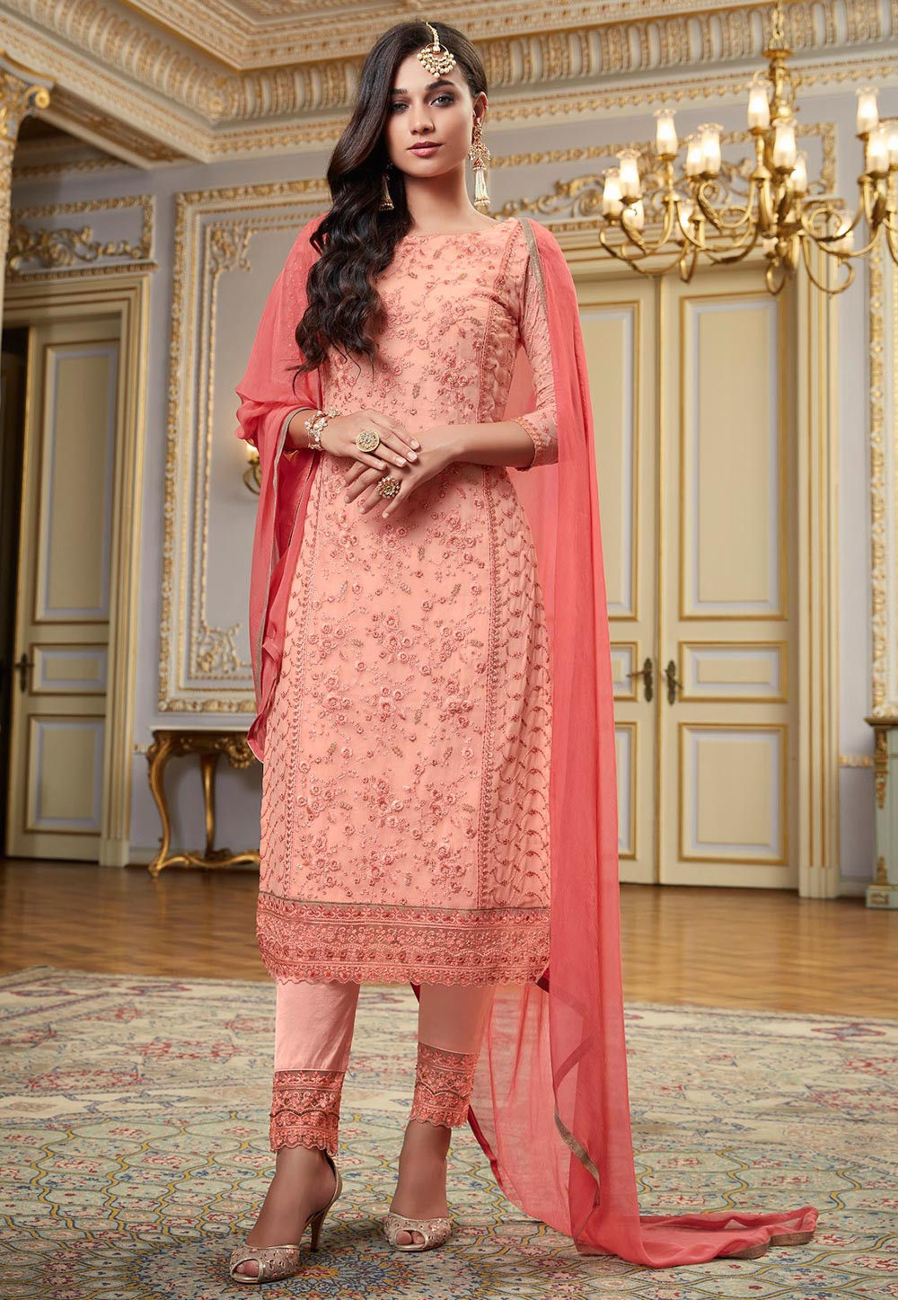 Buy Embroidered Georgette Pakistani Suit in Peach Online : KCH6382 ...