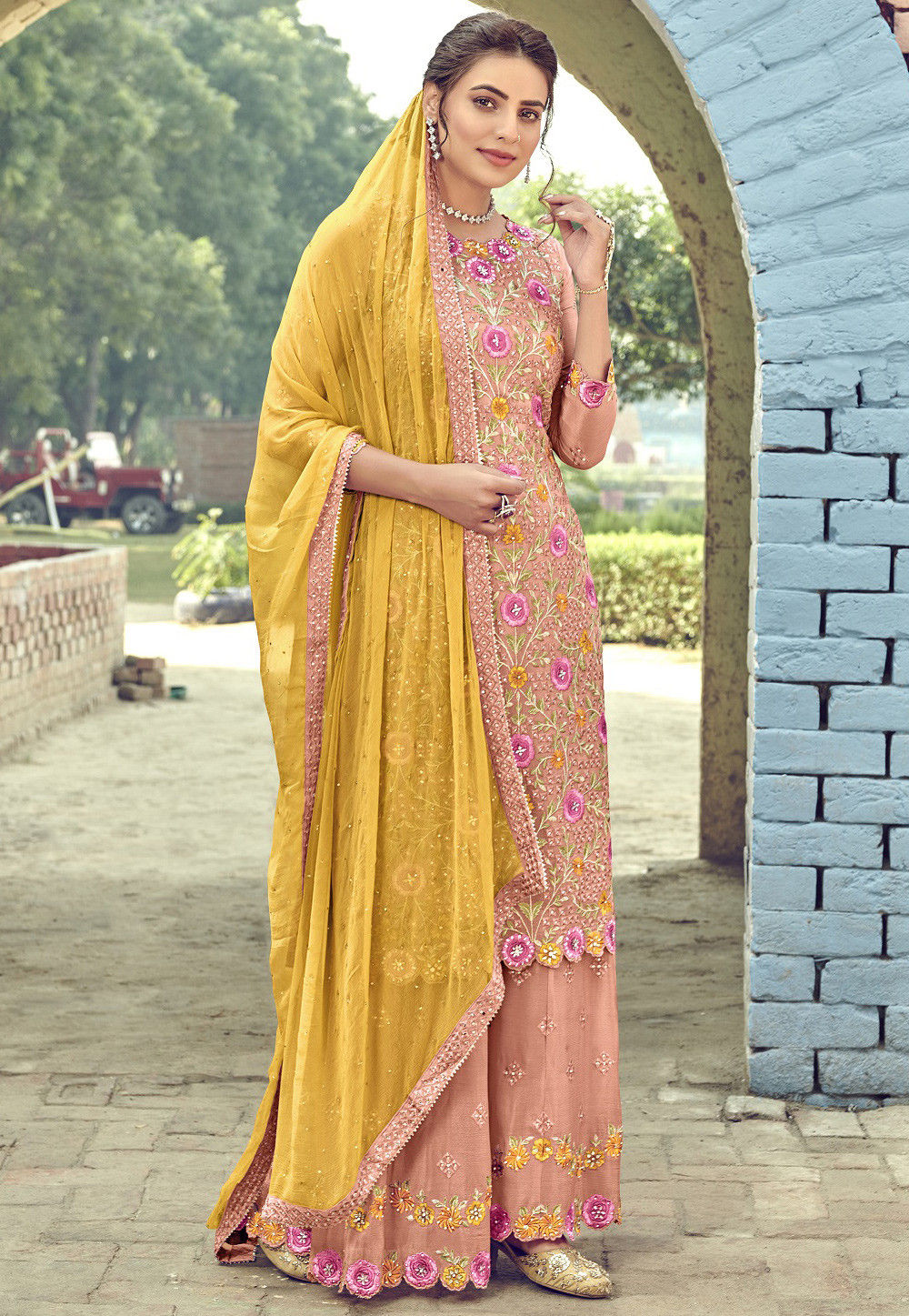 Embroidered Georgette Pakistani Suit in Peach : KCH6853