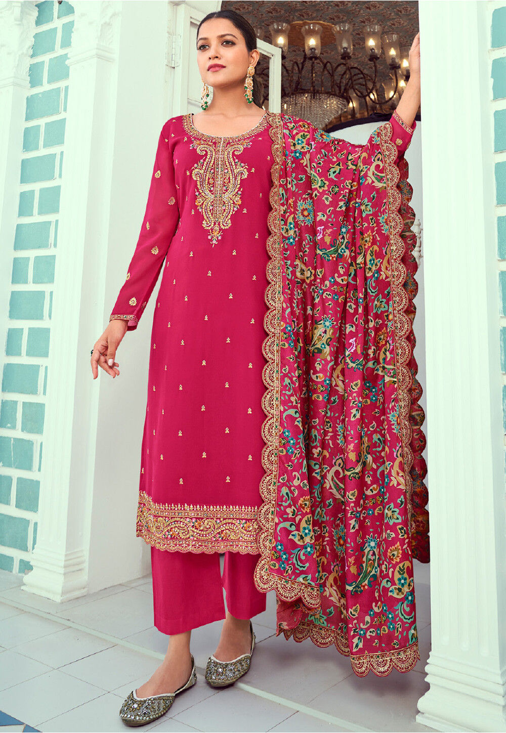 Classy Pink Georgette Trendy Fashioner Pakistani Trouser Salwar Suit Collection With Pink Santoon main image 1