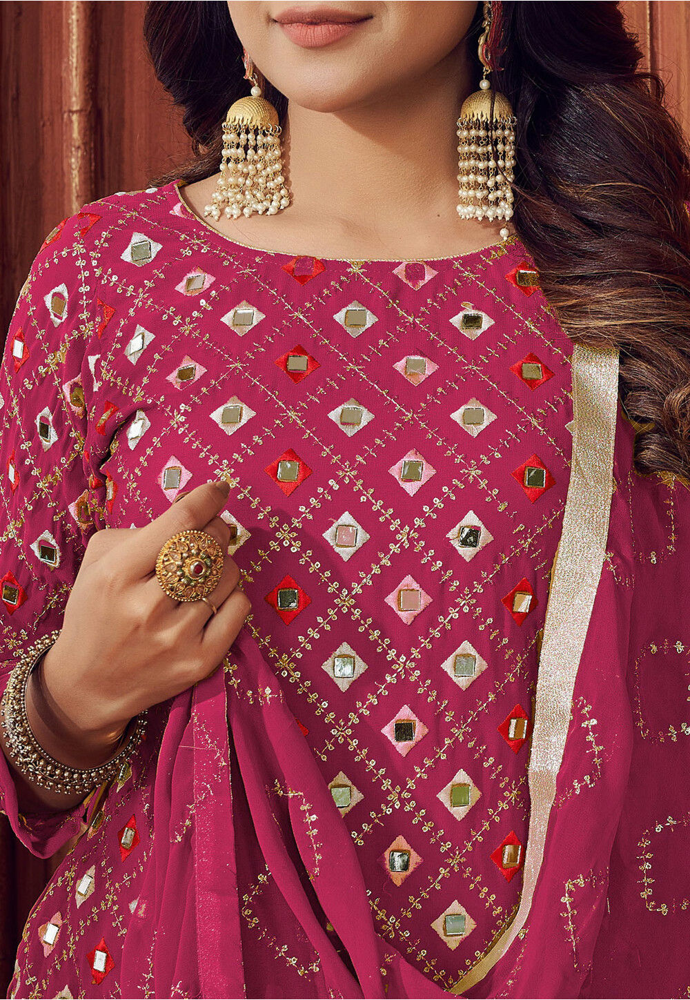 Embroidered Georgette Pakistani Suit in Pink : KJC1468
