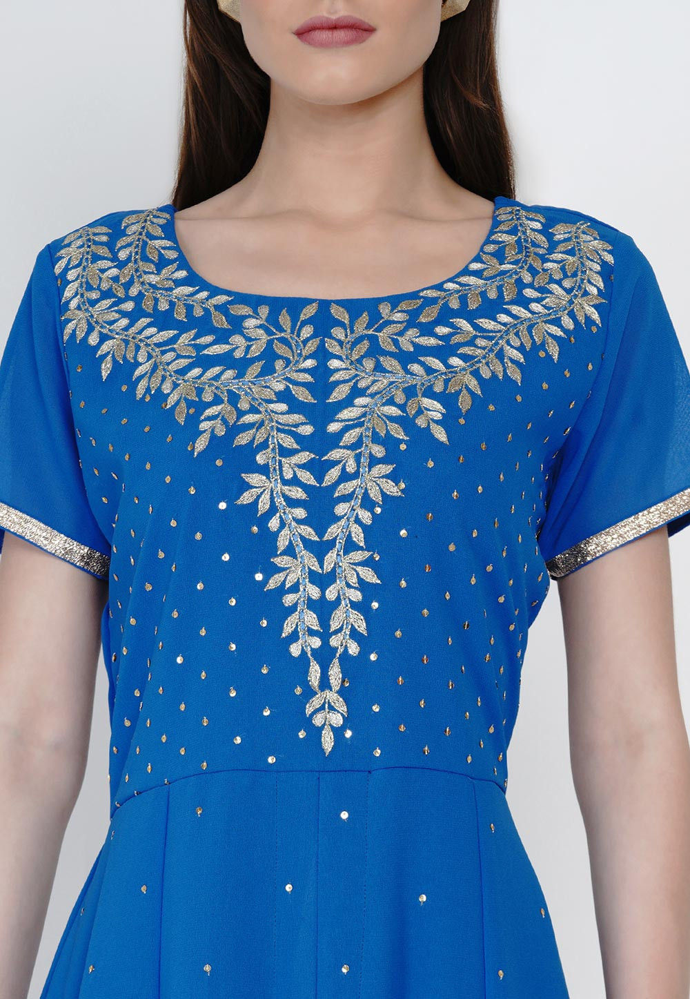 Embroidered Georgette Pakistani Suit in Royal Blue : KUZ358