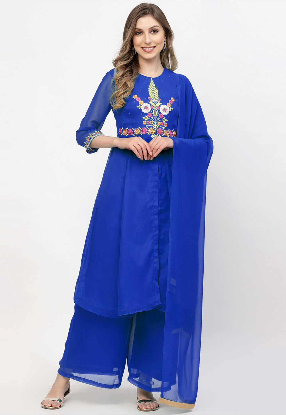 Embroidered Georgette Pakistani Suit In Royal Blue Kve379 