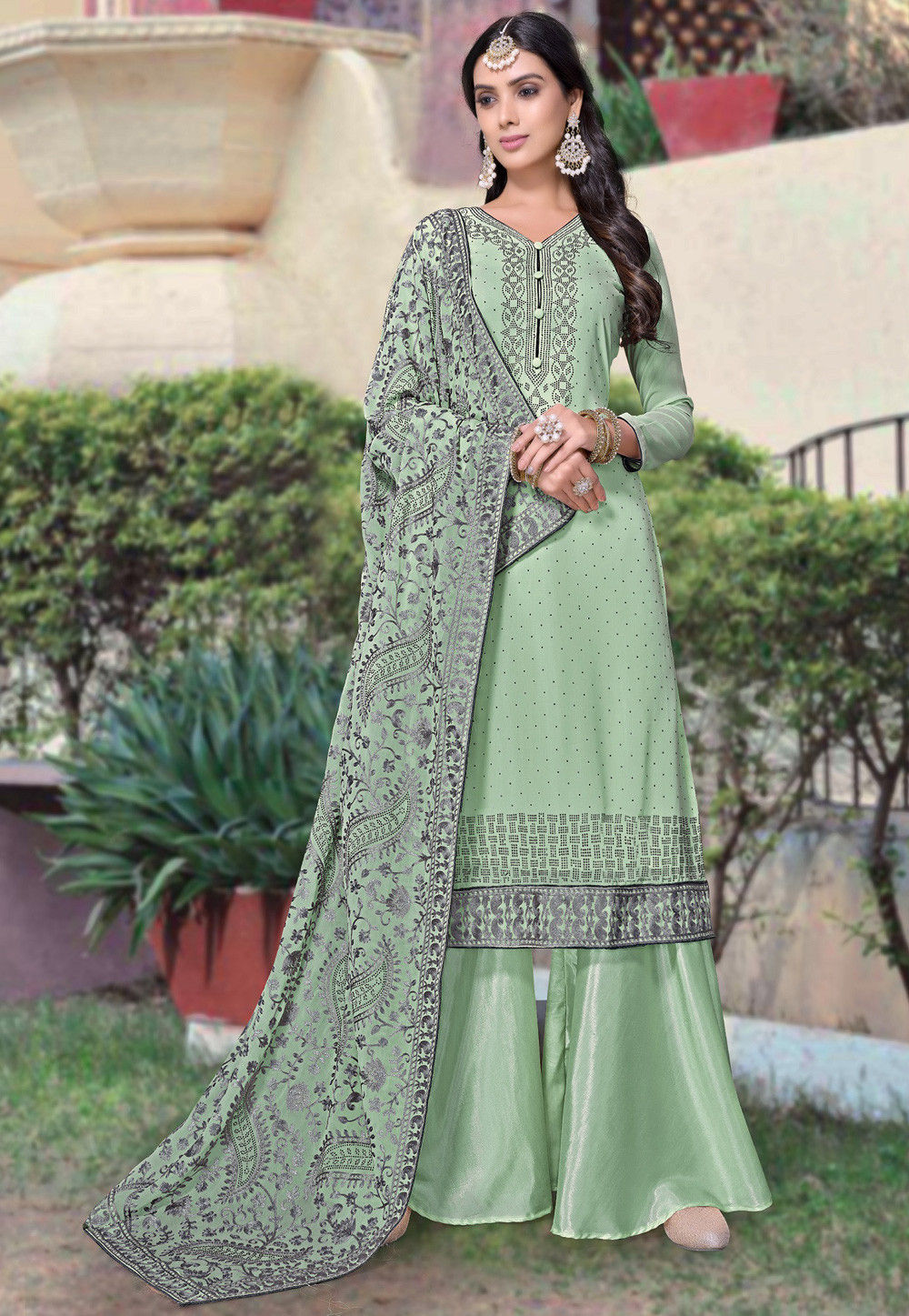 Embroidered Georgette Pakistani Suit in Sea Green : KCH7185