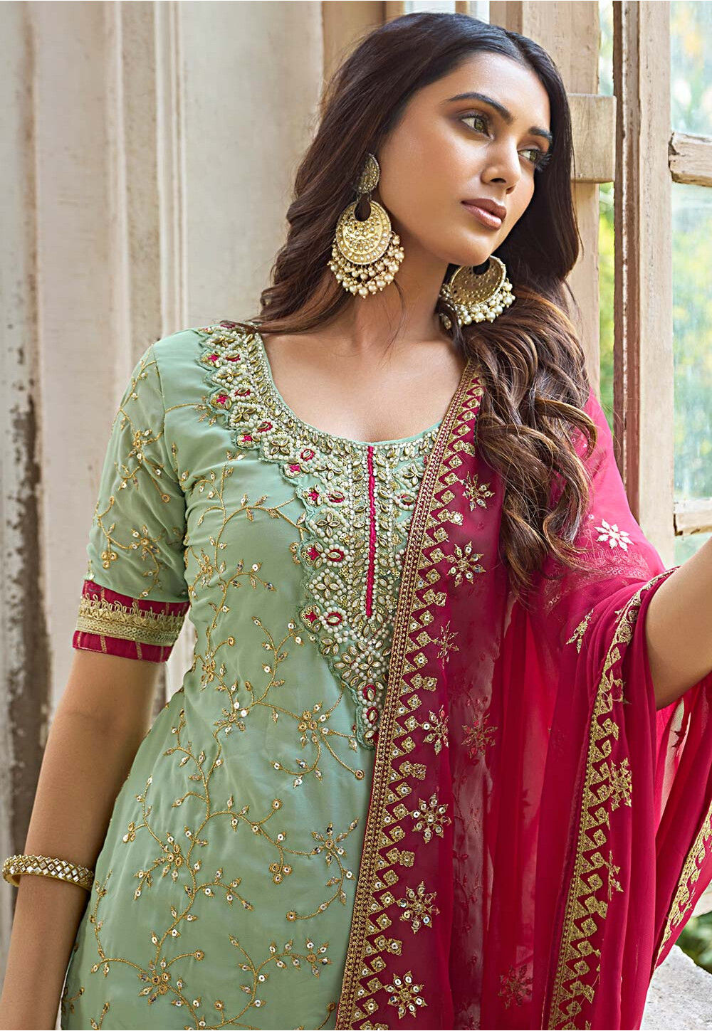 Embroidered Georgette Pakistani Suit in Sea Green : KQU4228