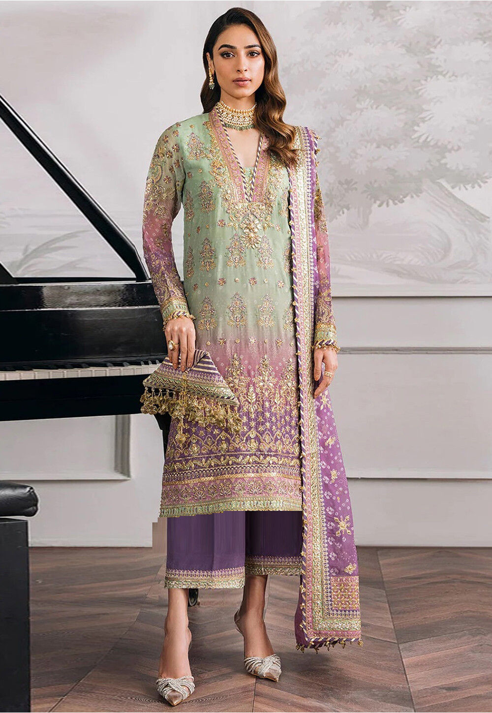 green and purple dress pakistani Embroidered Georgette Suit in Shaded bridal purple mehndi dress