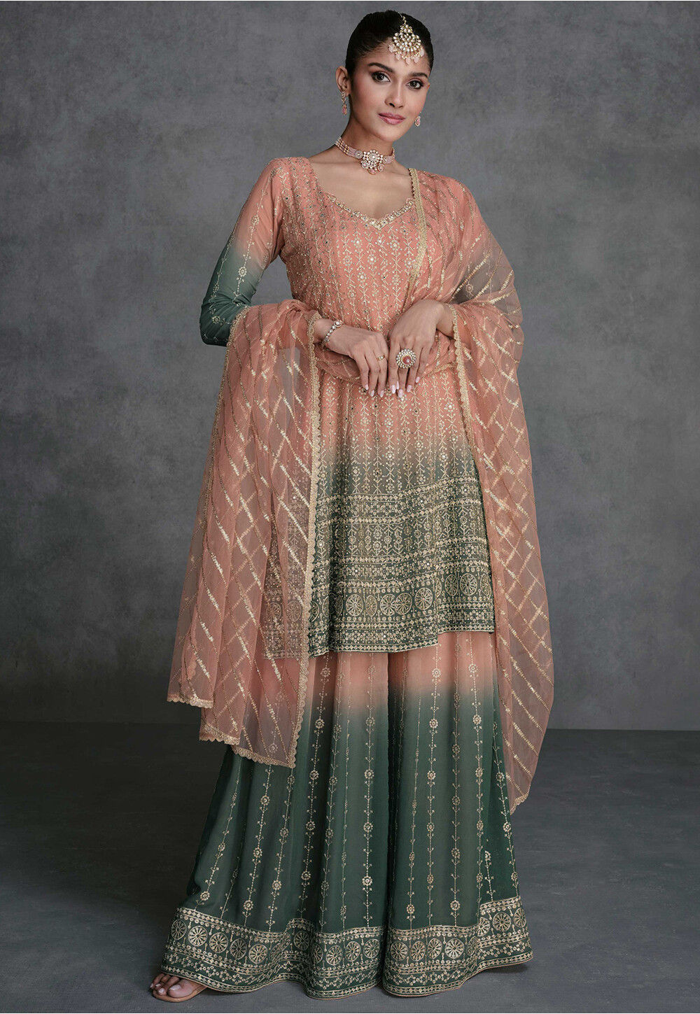 peach and green combination dress Embroidered Georgette Pakistani Suit in Shaded Island Wear