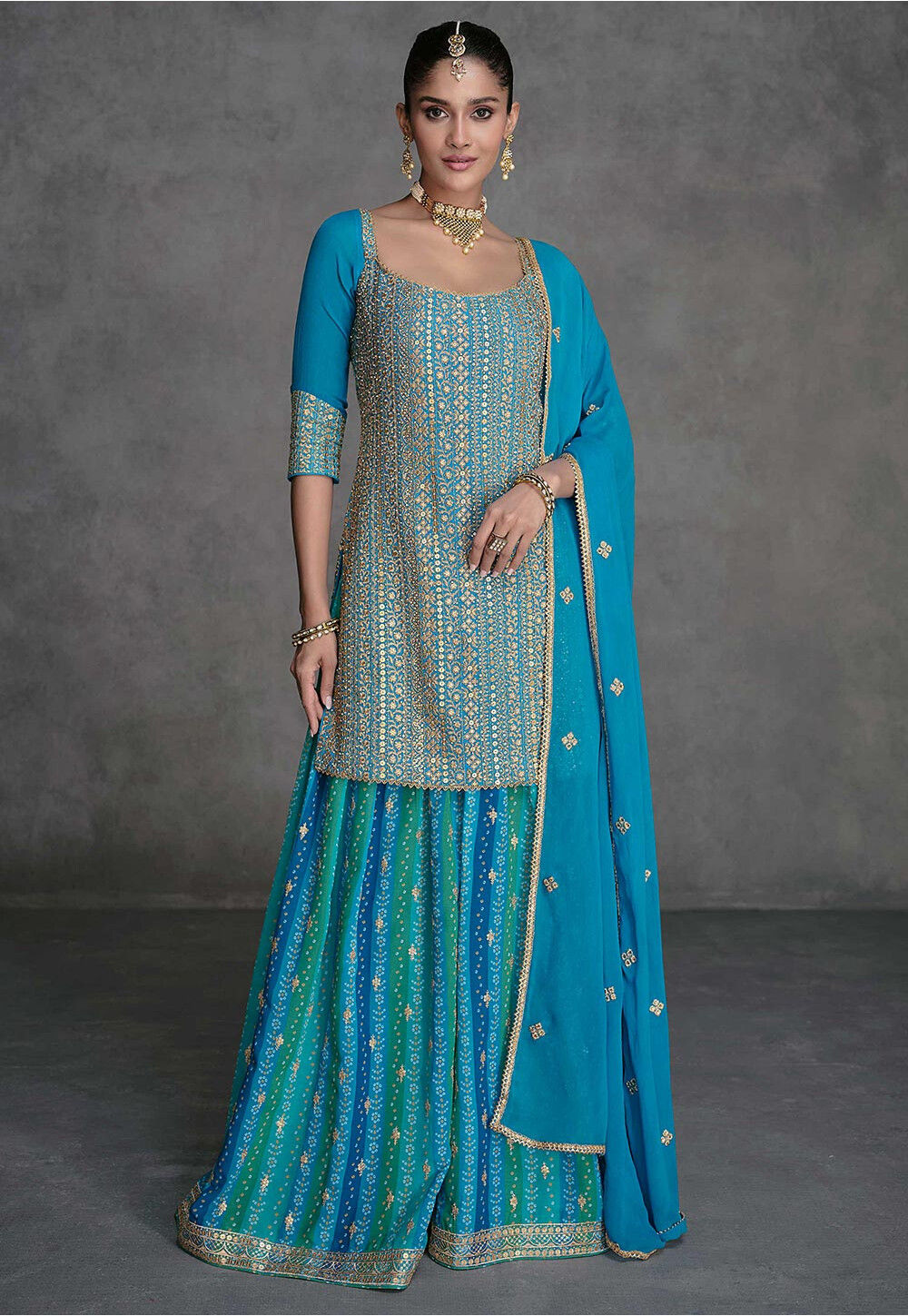 Classy Sky Georgette Designer Party Wear Pakistani Suit Collection With Sky Santoon