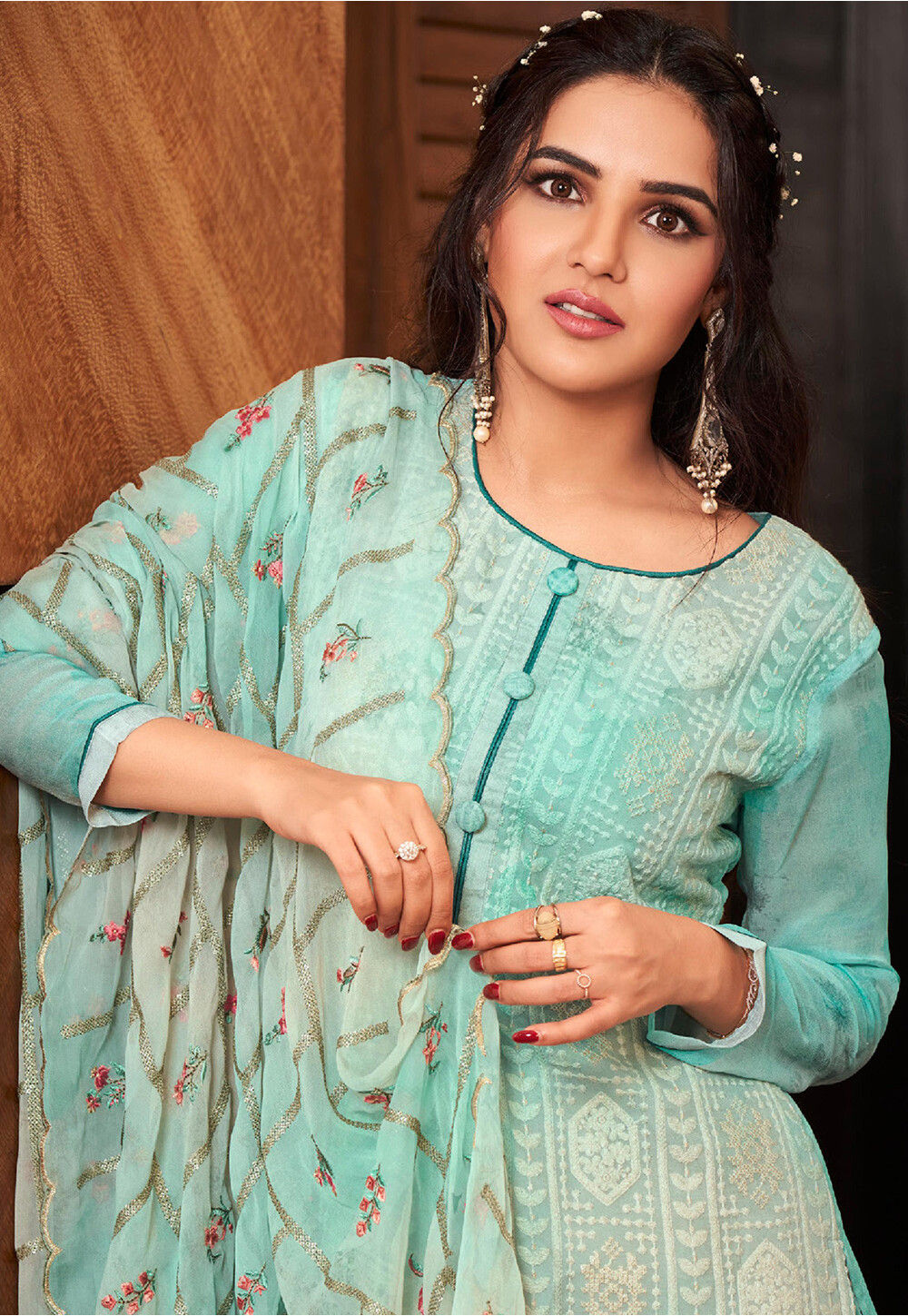 Embroidered Georgette Pakistani Suit In Sky Blue Kch8579 