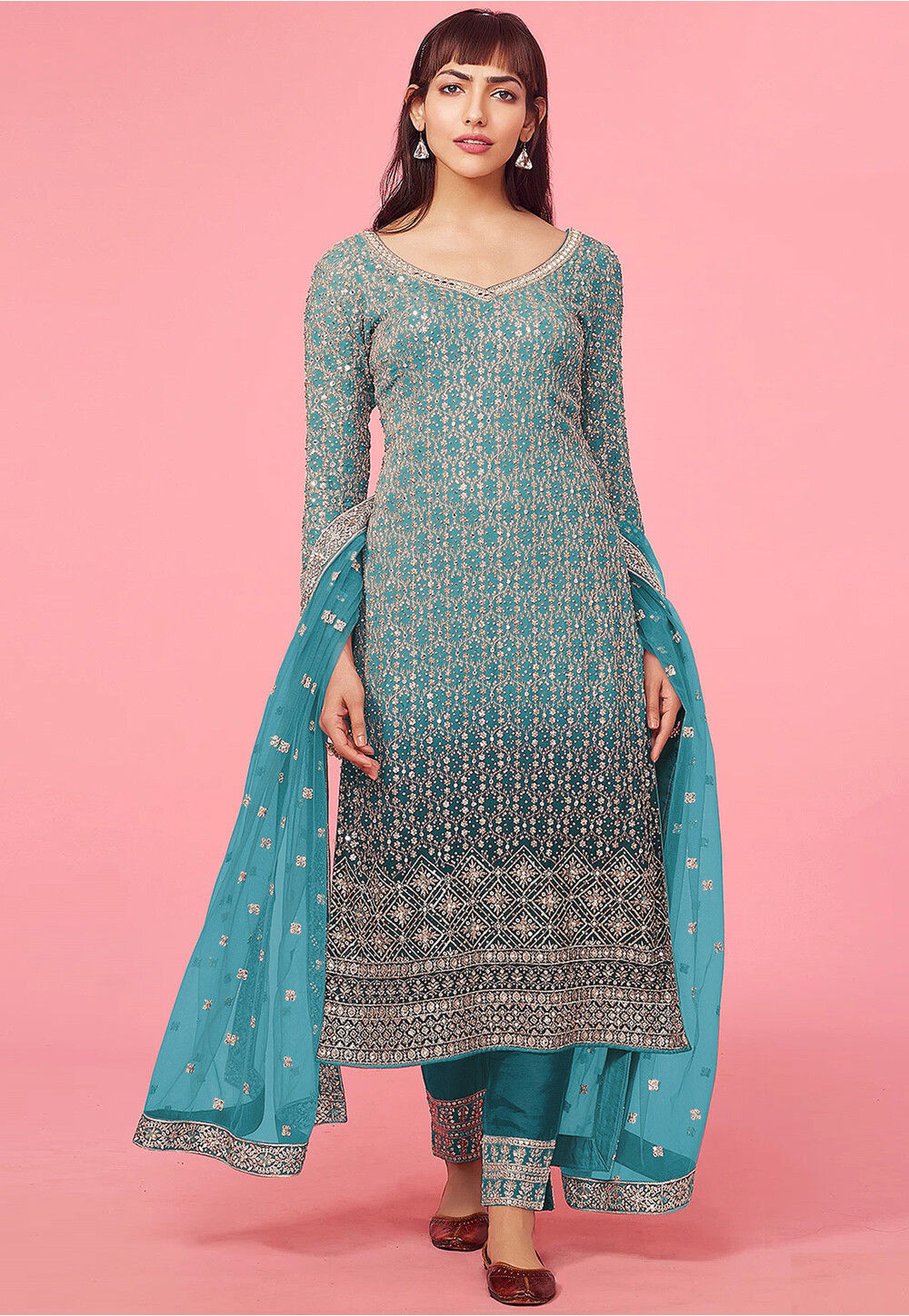 Embroidered Georgette Pakistani Suit in Sky Blue : KJC2943