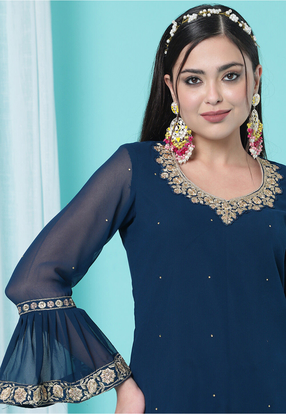 Embroidered Georgette Pakistani Suit In Teal Blue Kch10700 