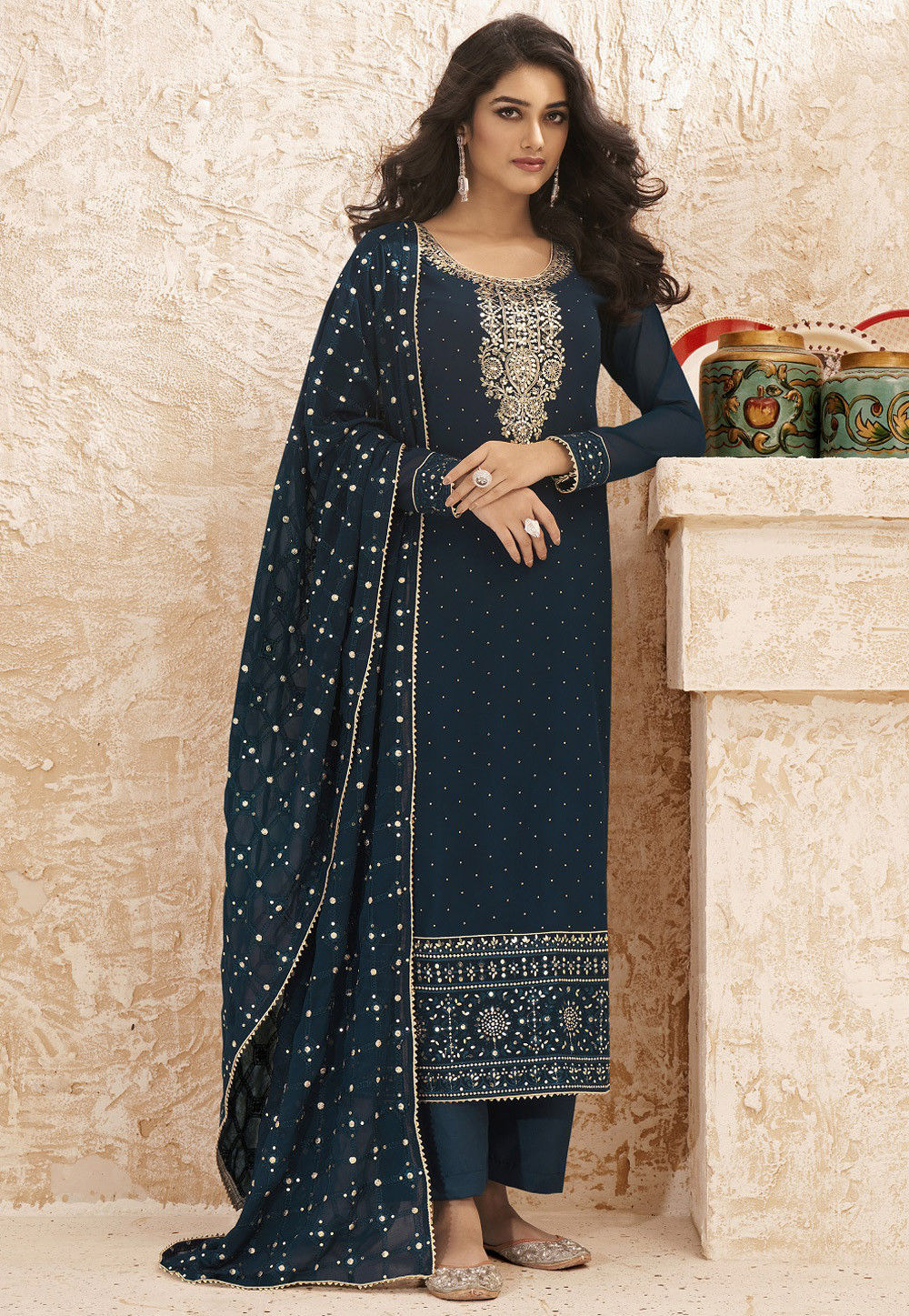 Embroidered Georgette Pakistani Suit in Teal Blue : KCH6474