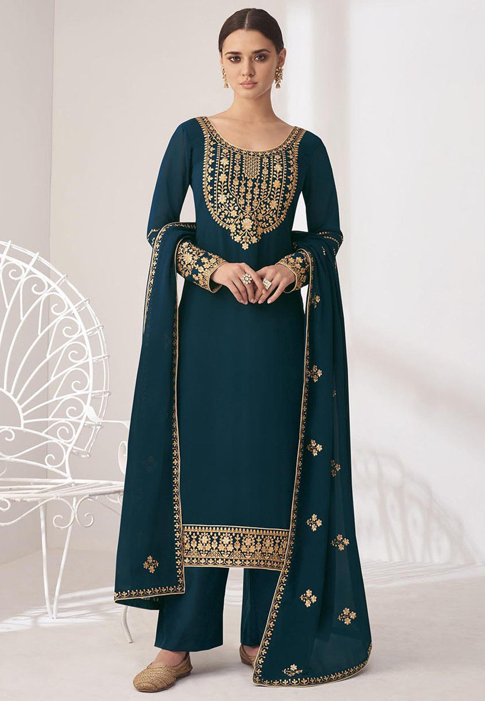 Buy Embroidered Georgette Pakistani Suit in Teal Blue Online : KCH6506 ...