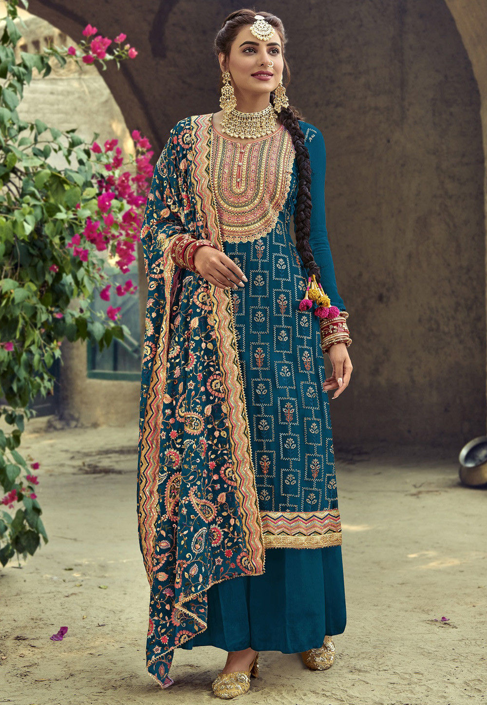 Embroidered Georgette Pakistani Suit in Teal Blue : KCH7032