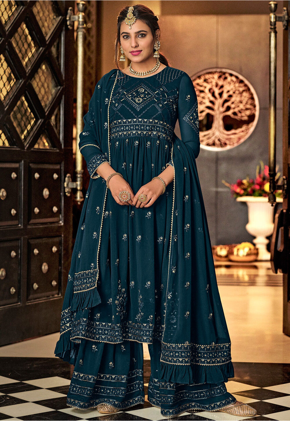 Embroidered Georgette Pakistani Suit in Teal Blue : KCH9442