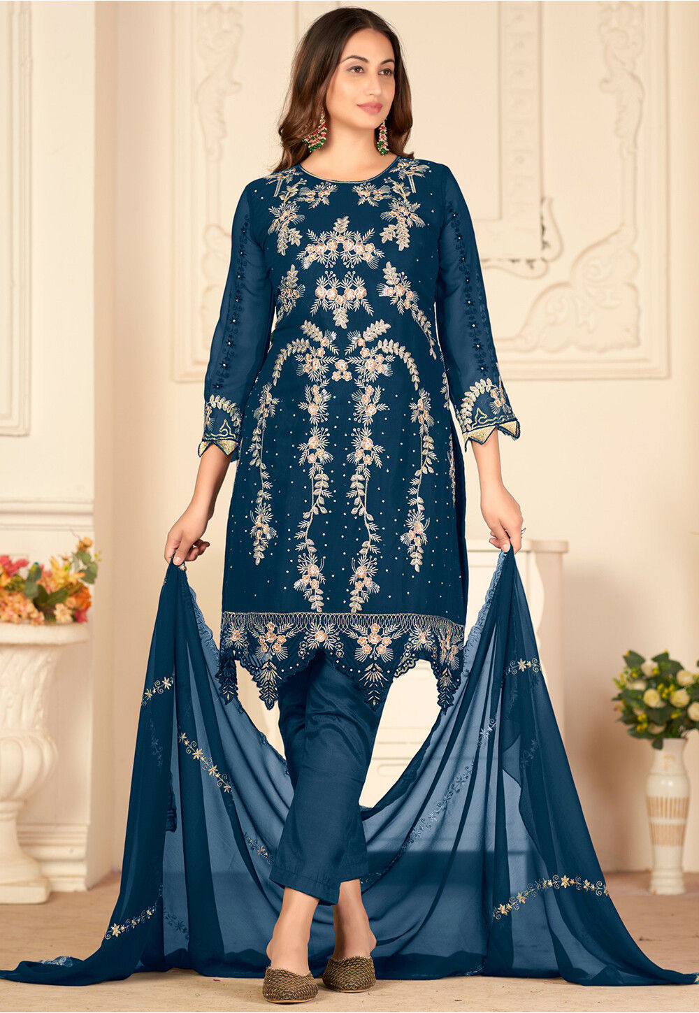 Embroidered Georgette Pakistani Suit in Teal Blue : KGJ110