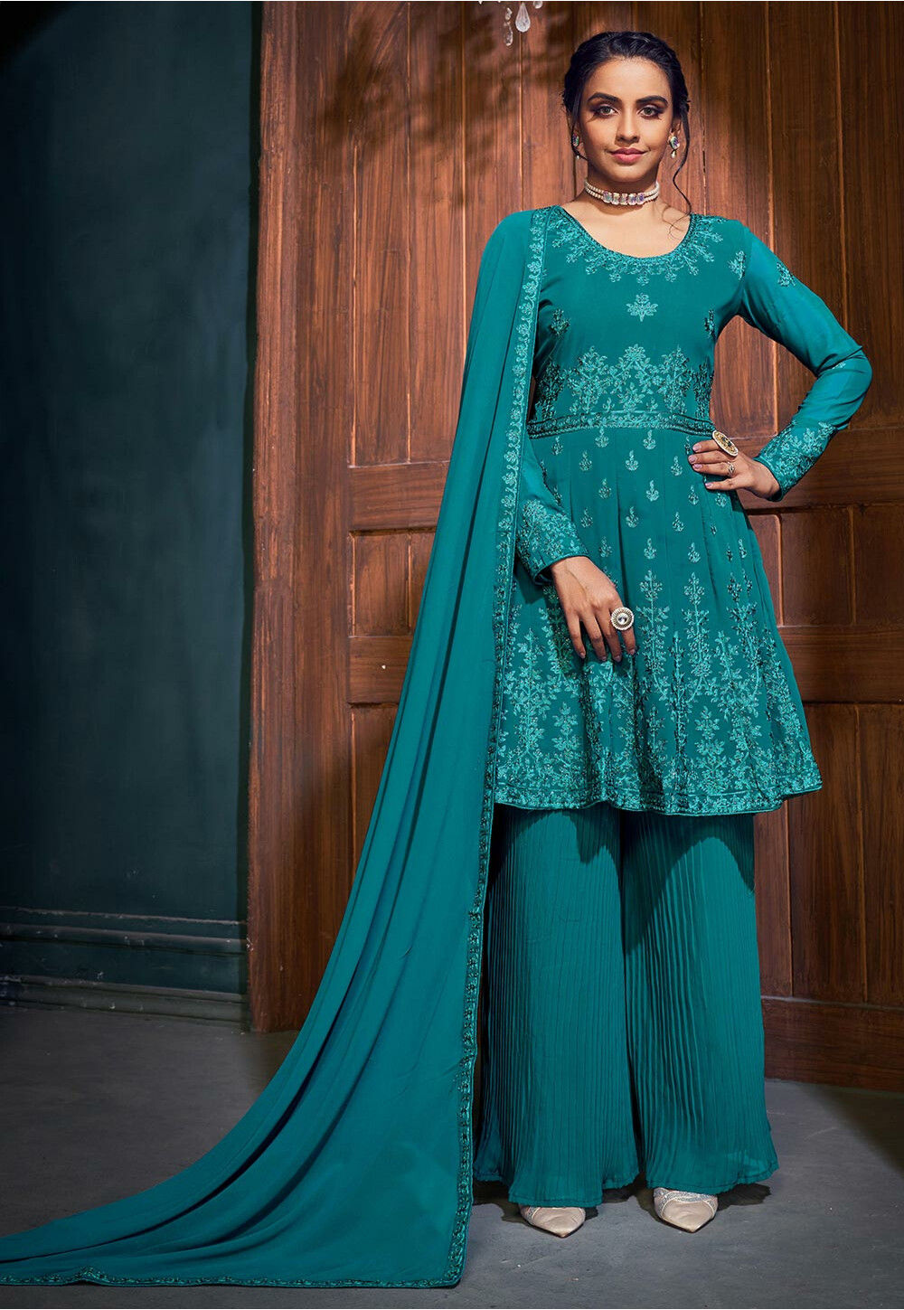 Embroidered Georgette Pakistani Suit in Teal Blue : KJC1407
