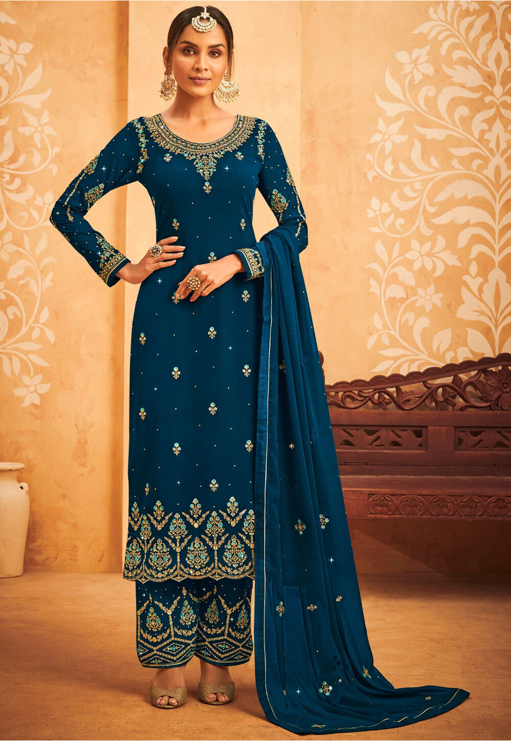 Turquoise Blue Silk Blend Jacquard Woven Straight Suit Set with Dupatta at  Soch