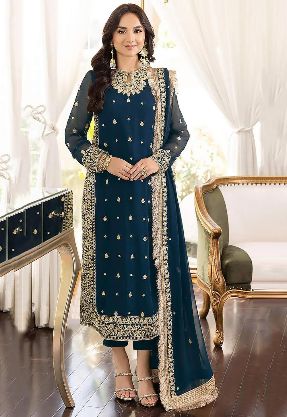 Blue and gold pakistani dress new arrivals