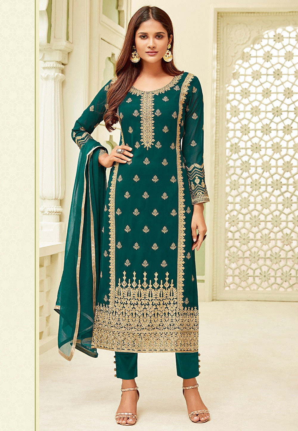 Embroidered Georgette Pakistani Suit in Teal Green : KCH2511