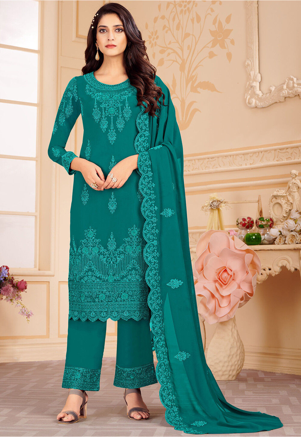 Embroidered Georgette Pakistani Suit In Teal Green Kjc2194 7619