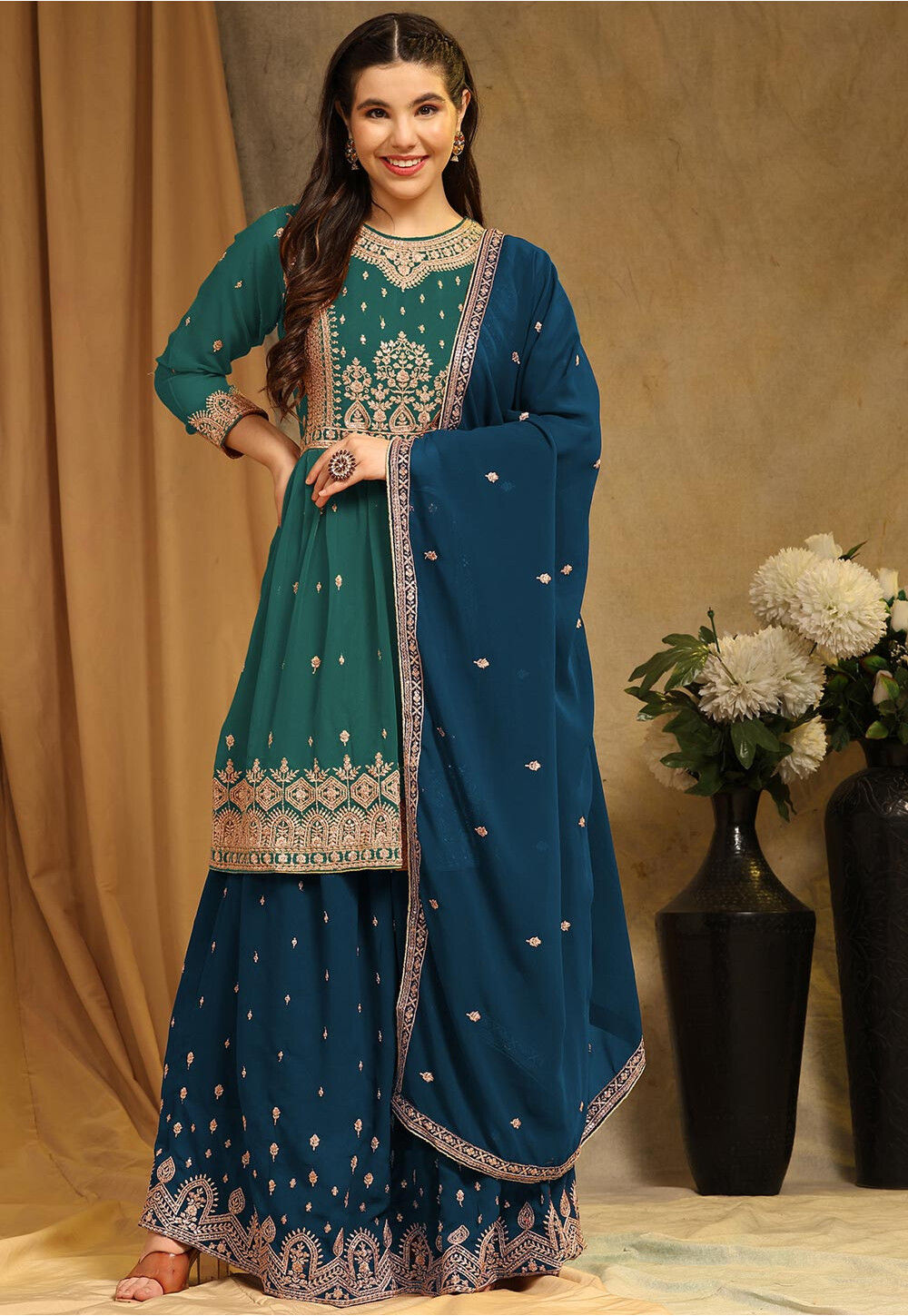 Buy Embroidered Georgette Pakistani Suit in Teal Green Online : KRY1634 ...