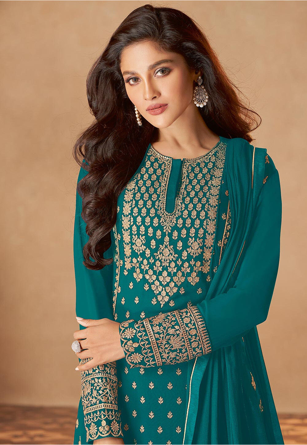 Buy Embroidered Georgette Pakistani Suit in Teal Green Online : KCH7877 ...