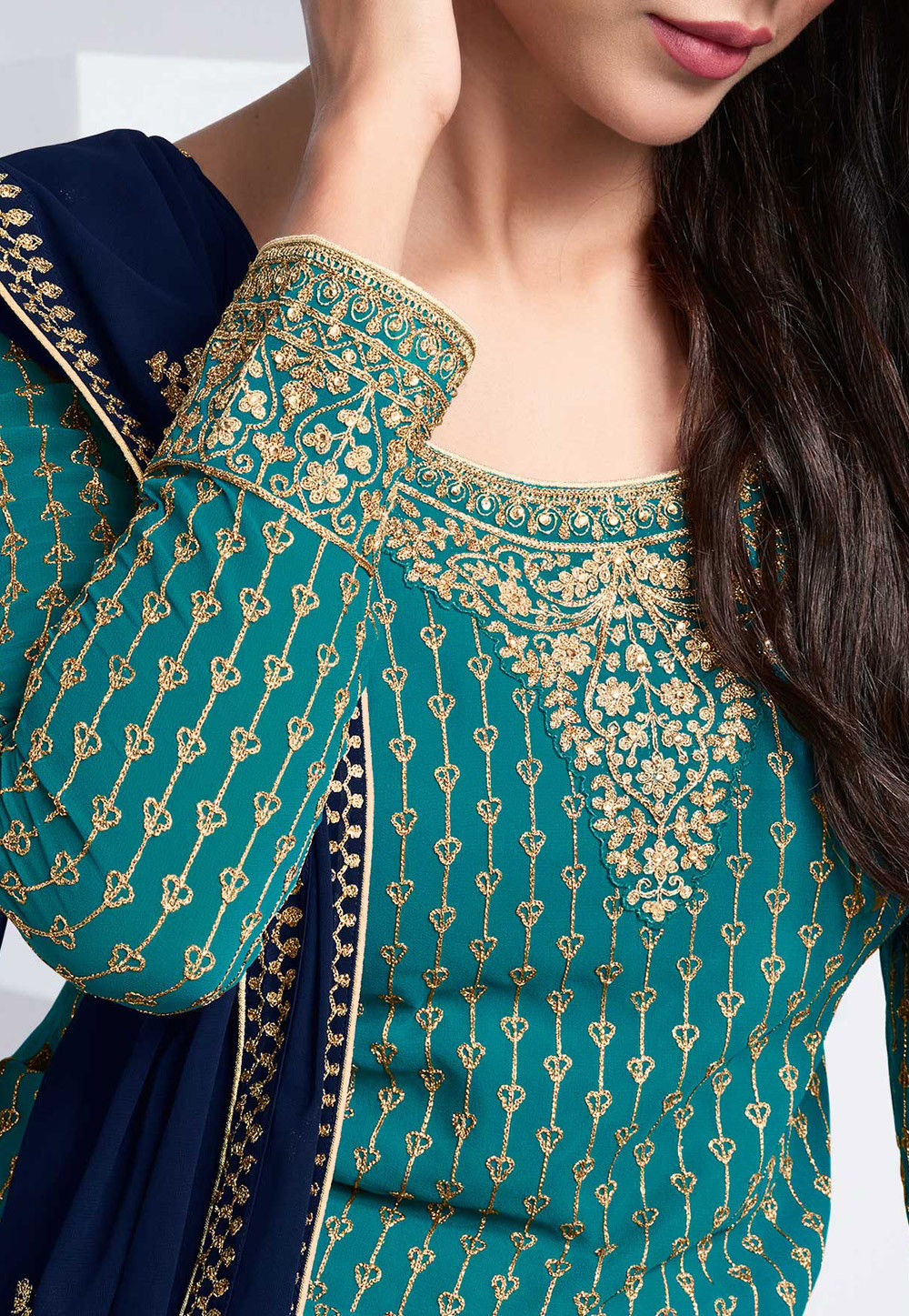 Embroidered Georgette Pakistani Suit in Turquoise : KCH7928