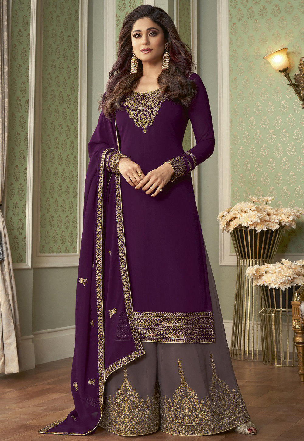 Embroidered Georgette Pakistani Suit in Wine : KCH7036