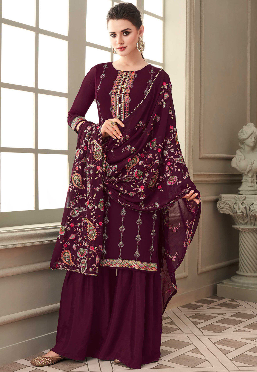 Embroidered Georgette Pakistani Suit in Wine : KCH7905