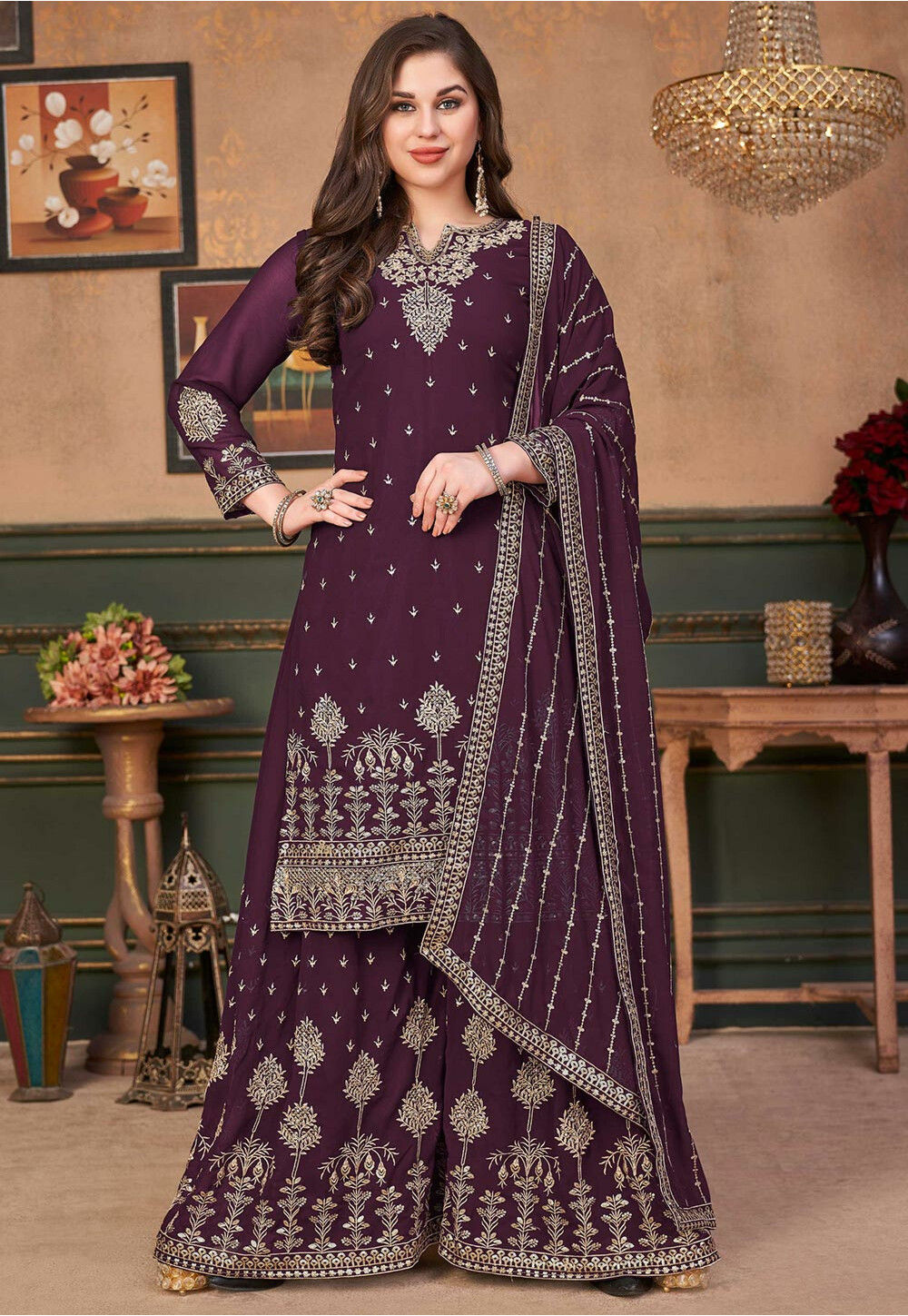 Embroidered Georgette Pakistani Suit in Wine : KCH8507