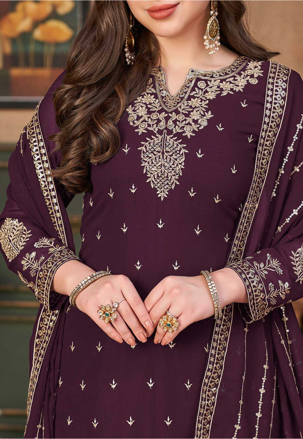 Embroidered Georgette Pakistani Suit in Wine : KCH8507