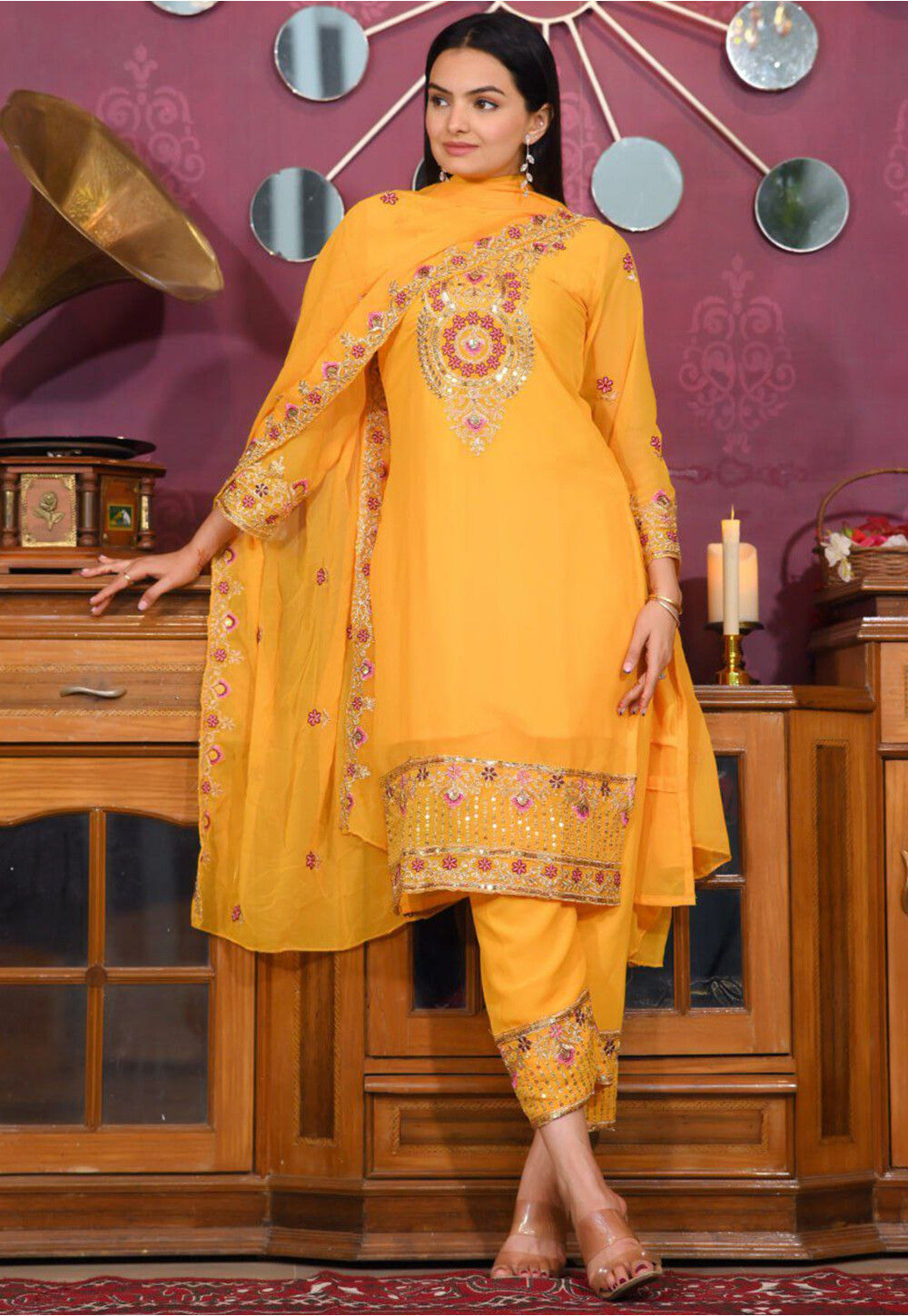 Sequins Embroidered Yellow Pakistani Style Suit