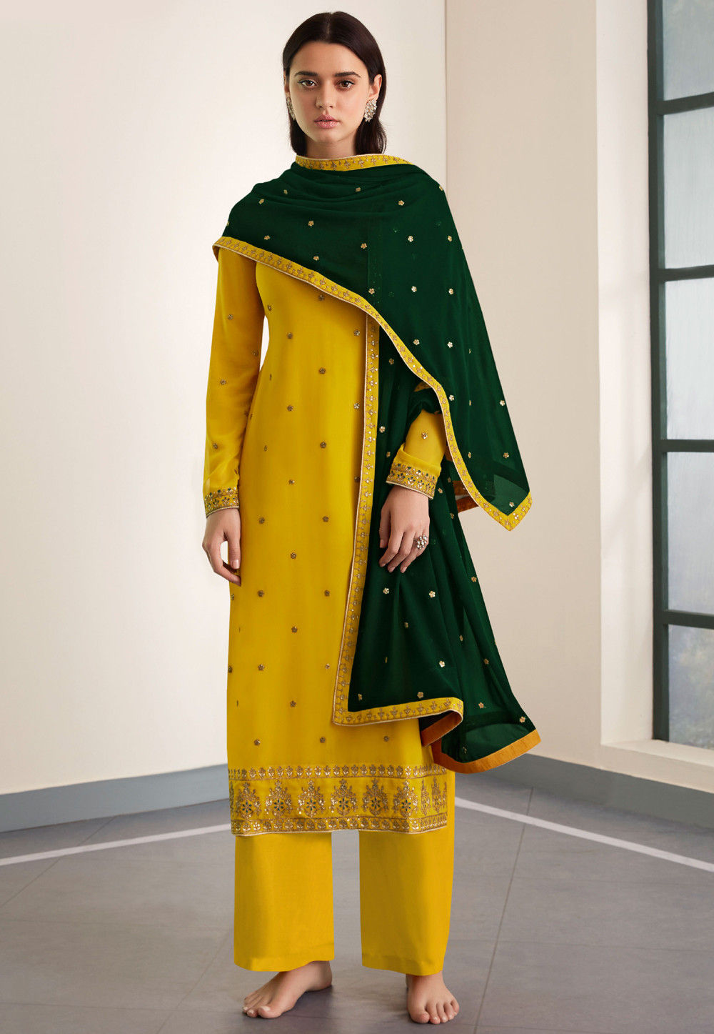 Embroidered Georgette Pakistani Suit in Yellow : KCH7114