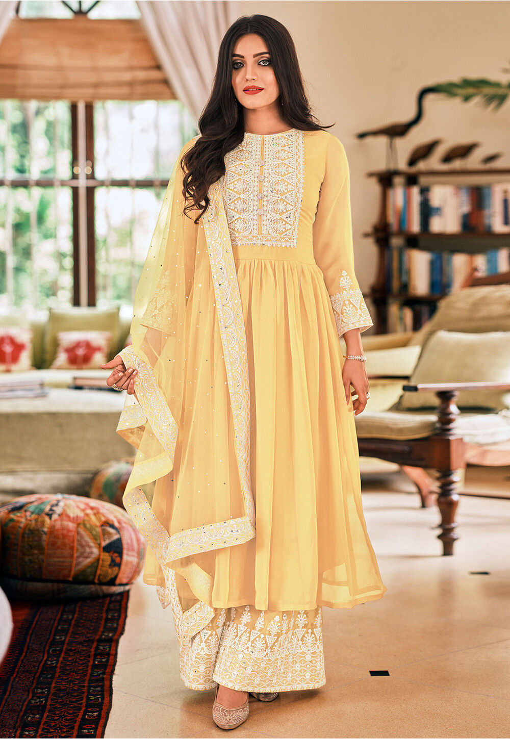 Buy Embroidered Georgette Pakistani Suit in Yellow Online