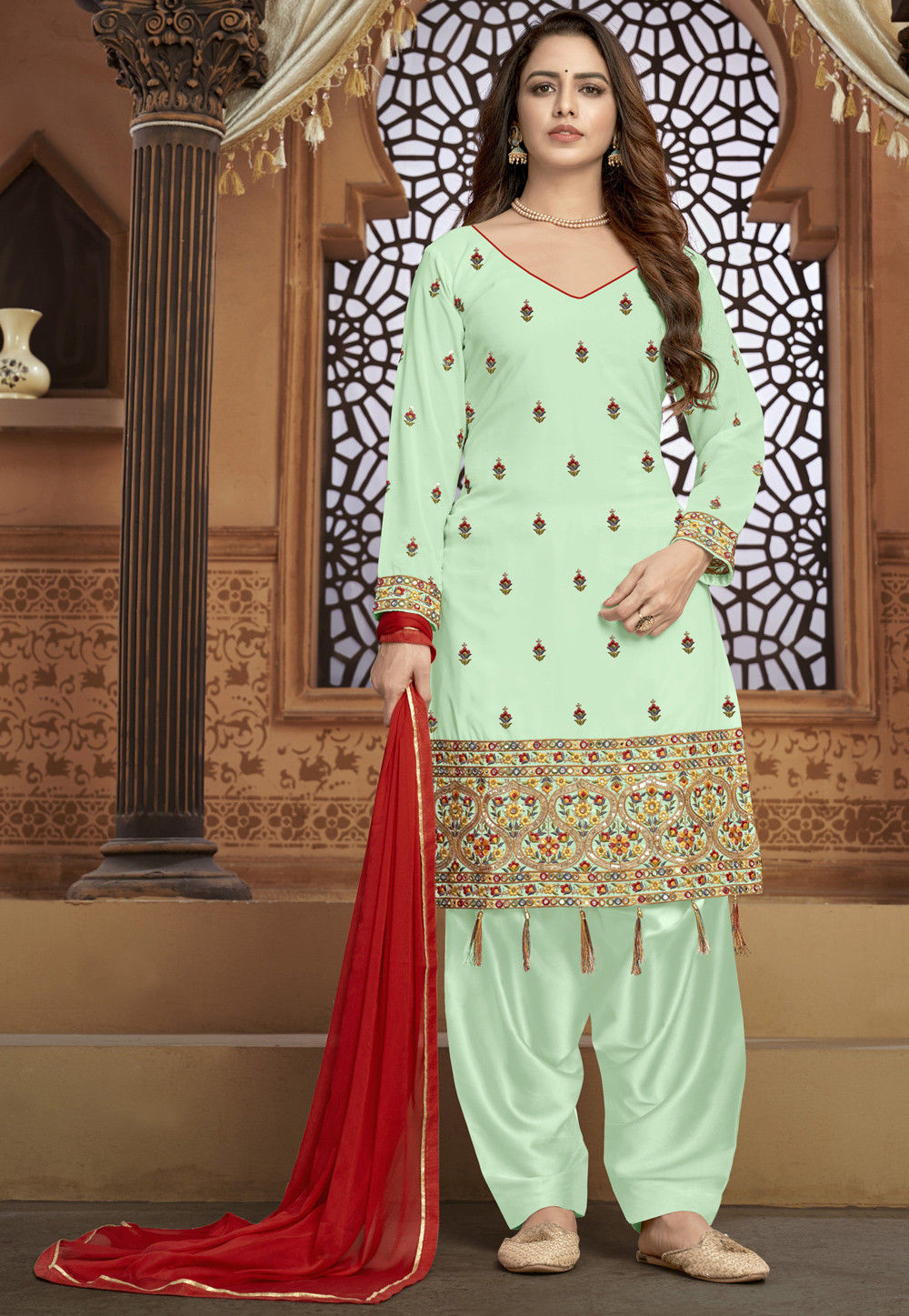 Embroidered Georgette Punjabi Suit in Light Green : KRY1422