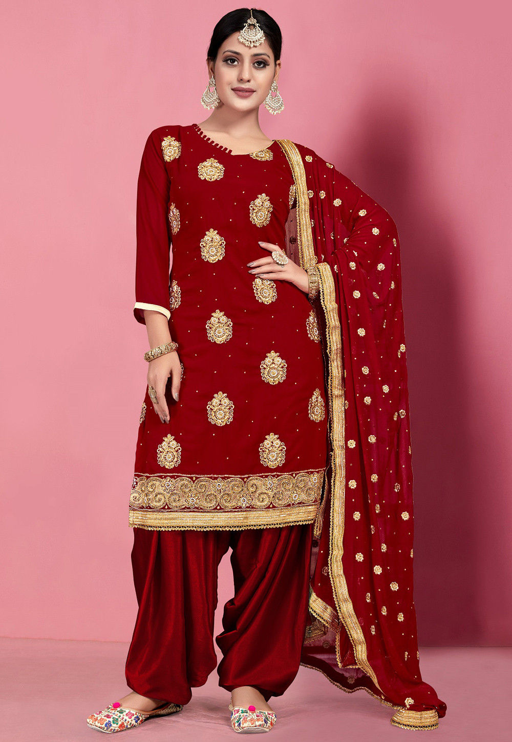 Unstitch Georgette  Red Punjabi Suit 
