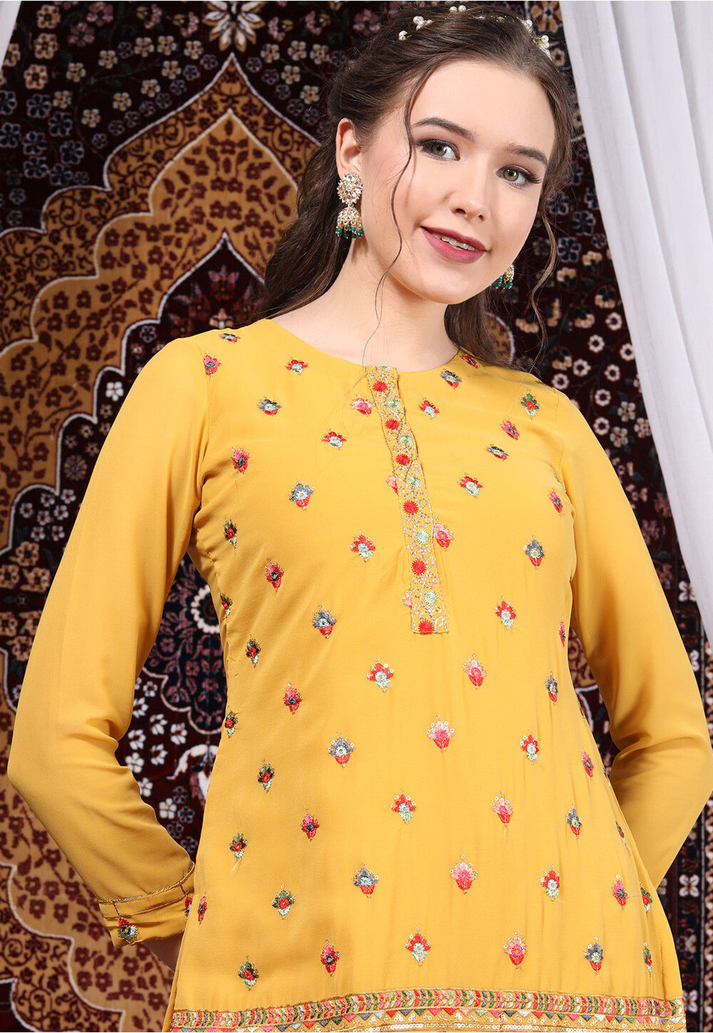 Embroidered Georgette Punjabi Suit in Mustard : KCH10790