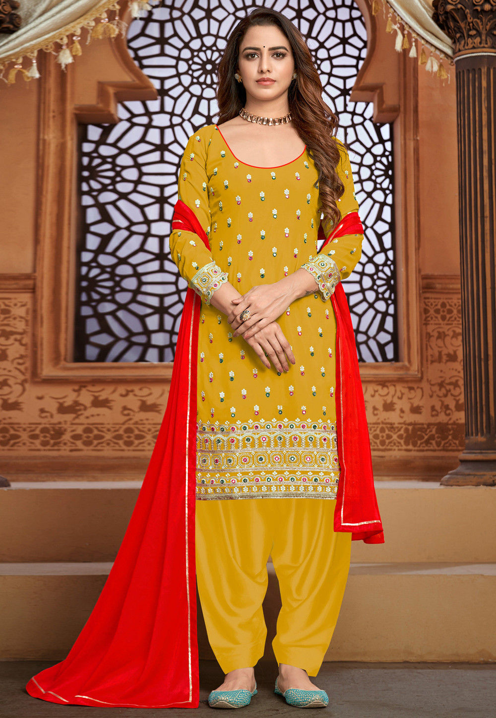 Embroidered Georgette Punjabi Suit in Mustard : KRY1392